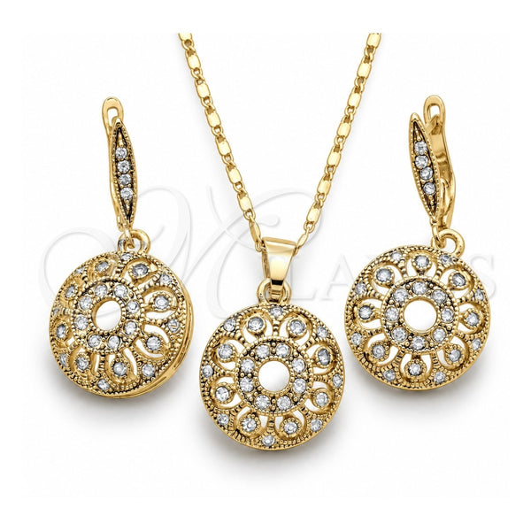 Oro Laminado Earring and Pendant Adult Set, Gold Filled Style Flower Design, with White Crystal, Polished, Golden Finish, 10.314.0006.1