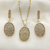 Oro Laminado Earring and Pendant Adult Set, Gold Filled Style Flower Design, with White Crystal, Polished, Golden Finish, 10.314.0007.1