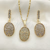 Oro Laminado Earring and Pendant Adult Set, Gold Filled Style Flower Design, with White Crystal, Polished, Golden Finish, 10.314.0007.1