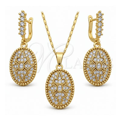 Oro Laminado Earring and Pendant Adult Set, Gold Filled Style Flower Design, with White Crystal, Polished, Golden Finish, 10.314.0007.1