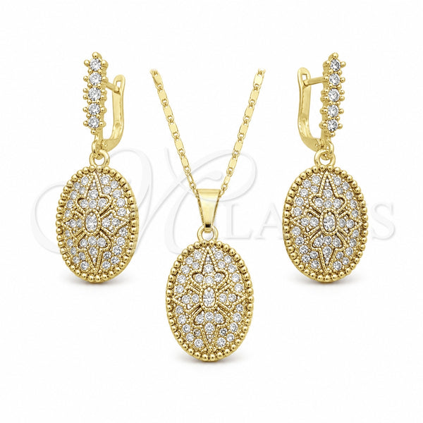 Oro Laminado Earring and Pendant Adult Set, Gold Filled Style Flower Design, with White Crystal, Polished, Golden Finish, 10.314.0007.1
