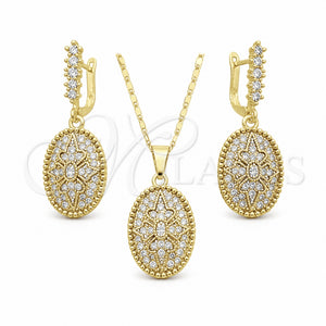 Oro Laminado Earring and Pendant Adult Set, Gold Filled Style Flower Design, with White Crystal, Polished, Golden Finish, 10.314.0007.1