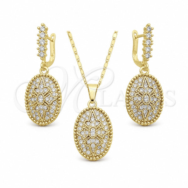 Oro Laminado Earring and Pendant Adult Set, Gold Filled Style Flower Design, with White Crystal, Polished, Golden Finish, 10.314.0007.1
