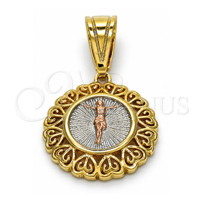 Oro Laminado Religious Pendant, Gold Filled Style Jesus and Heart Design, Polished, Tricolor, 05.120.0077.1