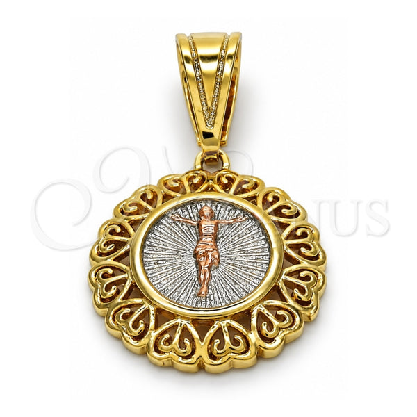 Oro Laminado Religious Pendant, Gold Filled Style Jesus and Heart Design, Polished, Tricolor, 05.120.0077.1