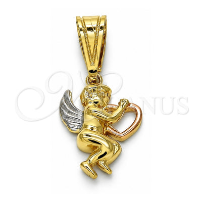 Oro Laminado Religious Pendant, Gold Filled Style Angel and Heart Design, Polished, Tricolor, 05.120.0079.1