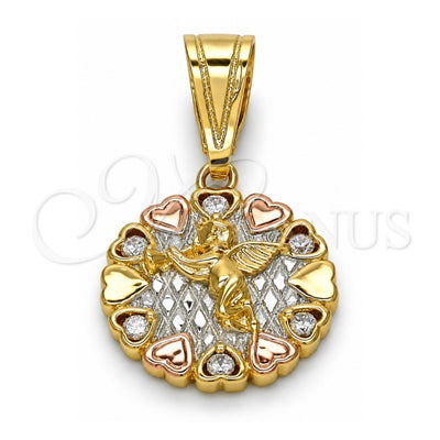 Oro Laminado Religious Pendant, Gold Filled Style Angel and Heart Design, with White Cubic Zirconia, Polished, Tricolor, 05.120.0084.1