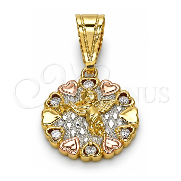 Oro Laminado Religious Pendant, Gold Filled Style Angel and Heart Design, with White Cubic Zirconia, Polished, Tricolor, 05.120.0084.1