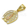 Oro Laminado Religious Pendant, Gold Filled Style Guadalupe and Heart Design, Polished, Tricolor, 05.120.0086.1