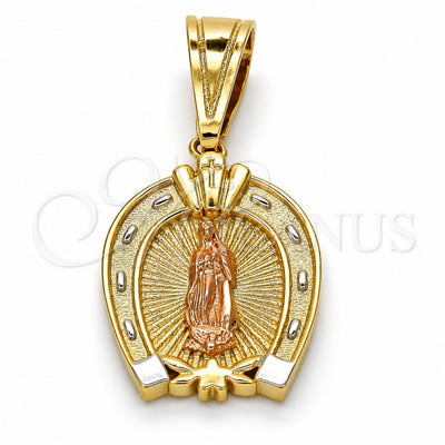 Oro Laminado Religious Pendant, Gold Filled Style Guadalupe and Heart Design, Polished, Tricolor, 05.120.0086.1