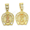 Oro Laminado Religious Pendant, Gold Filled Style Guadalupe and Heart Design, Polished, Tricolor, 05.120.0086.1