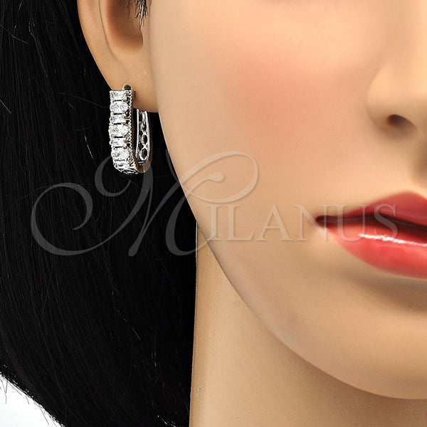 White Gold Filled Hoop Earrings — Huggie Hoop Baguette Design with White Cubic Zirconia — alternate product view — SKU 118337 | Oro Laminado Blanco aretes de aro — Huggie Hoop Baguette diseño with blanco Cubic Zirconia — SKU 118337
