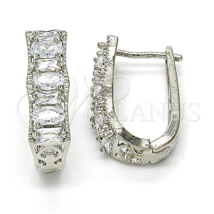 White Gold Filled Hoop Earrings — Huggie Hoop Baguette Design with White Cubic Zirconia — main product view — SKU 118337 | Oro Laminado Blanco aretes de aro — Huggie Hoop Baguette diseño with blanco Cubic Zirconia — SKU 118337