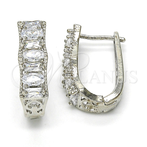 White Gold Filled Hoop Earrings — Huggie Hoop Baguette Design with White Cubic Zirconia — main product view — SKU 118337 | Oro Laminado Blanco aretes de aro — Huggie Hoop Baguette diseño with blanco Cubic Zirconia — SKU 118337