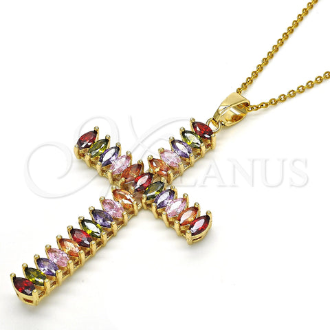 Oro Laminado Religious Pendant, Gold Filled Style Cross Design, with Multicolor Cubic Zirconia, Polished, Golden Finish, 05.316.0001.1