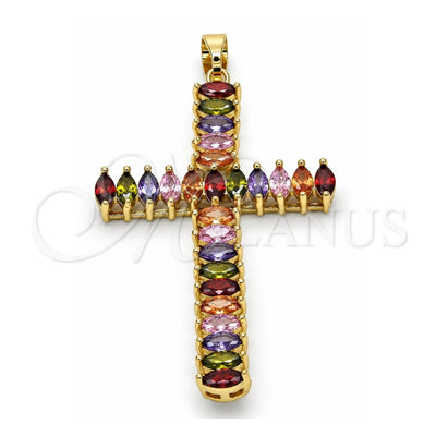 Oro Laminado Religious Pendant, Gold Filled Style Cross Design, with Multicolor Cubic Zirconia, Polished, Golden Finish, 05.316.0001.1