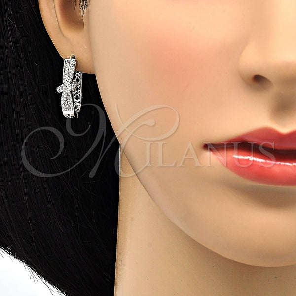 White Gold Filled Hoop Earrings — Huggie Hoop Bow Design with White Cubic Zirconia — alternate product view — SKU 118344 | Oro Laminado Blanco aretes de aro — Huggie Hoop Bow diseño with blanco Cubic Zirconia — SKU 118344