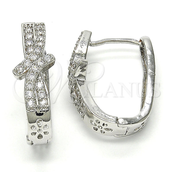 White Gold Filled Hoop Earrings — Huggie Hoop Bow Design with White Cubic Zirconia — main product view — SKU 118344 | Oro Laminado Blanco aretes de aro — Huggie Hoop Bow diseño with blanco Cubic Zirconia — SKU 118344