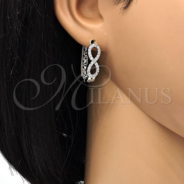 Oro Laminado Huggie Hoop, Gold Filled Style Infinite Design, with White Cubic Zirconia, Polished, Rhodium Finish, 02.267.0048.15