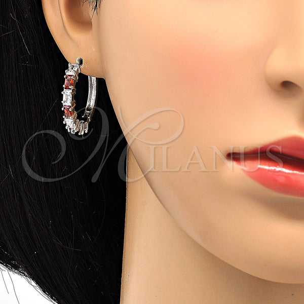 White Gold Filled Hoop Earrings — Huggie Hoop with Garnet and White Cubic Zirconia — alternate product view — SKU 118467 | Oro Laminado Blanco aretes de aro — Huggie Hoop with Garnet and blanco Cubic Zirconia — SKU 118467