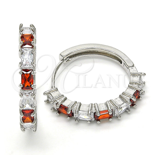 White Gold Filled Hoop Earrings — Huggie Hoop with Garnet and White Cubic Zirconia — main product view — SKU 118467 | Oro Laminado Blanco aretes de aro — Huggie Hoop with Garnet and blanco Cubic Zirconia — SKU 118467