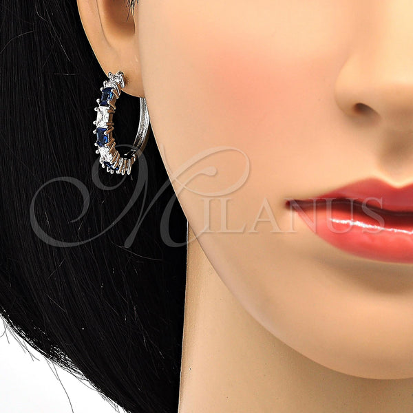 White Gold Filled Hoop Earrings — Huggie Hoop with Sapphire Blue and White Cubic — alternate product view — SKU 118468 | Oro Laminado Blanco aretes de aro — Huggie Hoop with Sapphire Blue and blanco Cubic — SKU 118468