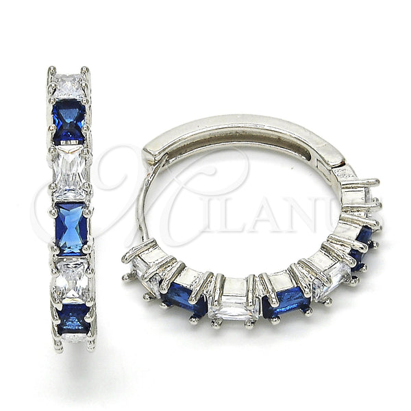 White Gold Filled Hoop Earrings — Huggie Hoop with Sapphire Blue and White Cubic — main product view — SKU 118468 | Oro Laminado Blanco aretes de aro — Huggie Hoop with Sapphire Blue and blanco Cubic — SKU 118468