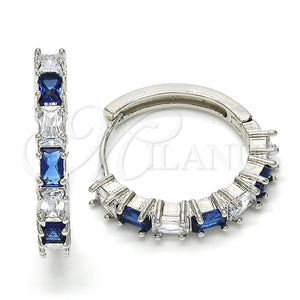 White Gold Filled Hoop Earrings — Huggie Hoop with Sapphire Blue and White Cubic — main product view — SKU 118468 | Oro Laminado Blanco aretes de aro — Huggie Hoop with Sapphire Blue and blanco Cubic — SKU 118468