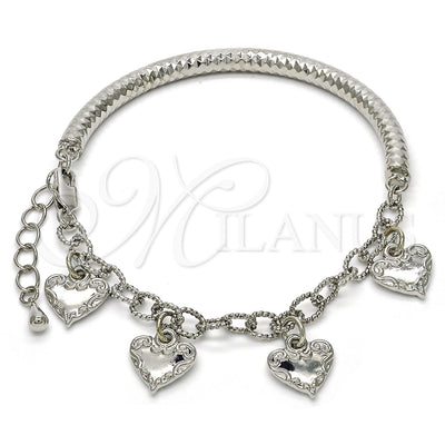 Rhodium Gold Filled Charm Bracelet, Heart and Hollow Design, Diamond Cutting Finish, Rhodium Finish, 03.63.1814.2.08 (05 MM Thickness, 8 Inches Length)