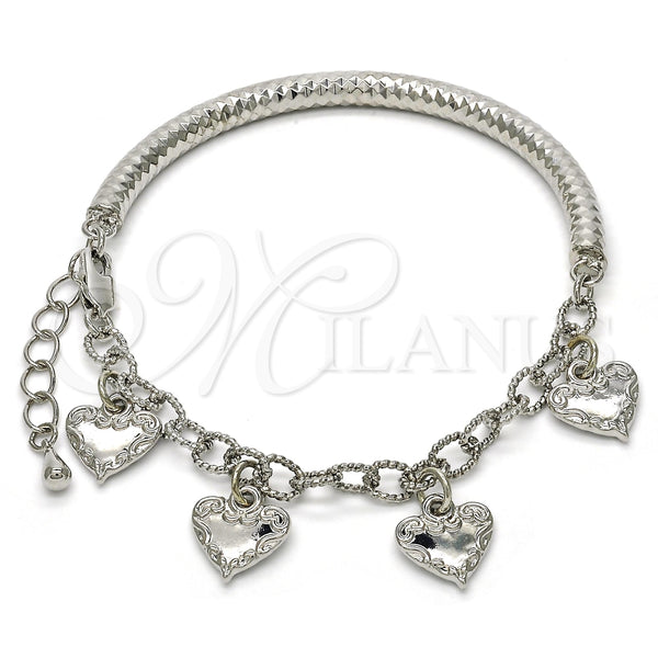 Rhodium Gold Filled Charm Bracelet, Heart and Hollow Design, Diamond Cutting Finish, Rhodium Finish, 03.63.1814.2.08 (05 MM Thickness, 8 Inches Length)