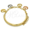 Oro Laminado Charm Bracelet, Gold Filled Style Anchor and Hollow Design, Diamond Cutting Finish, Tricolor, 03.63.1818.1.08 (05 MM Thickness, 8 Inches Length)
