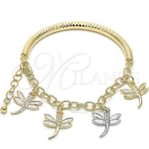 Oro Laminado Charm Bracelet, Gold Filled Style Dragon-Fly and Hollow Design, Diamond Cutting Finish, Tricolor, 03.63.1821.1.08 (05 MM Thickness, 8 Inches Length)