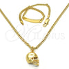 Oro Laminado Earring and Pendant Children Set, Gold Filled Style Miami Cuban Design, Polished, Golden Finish, 06.63.0189