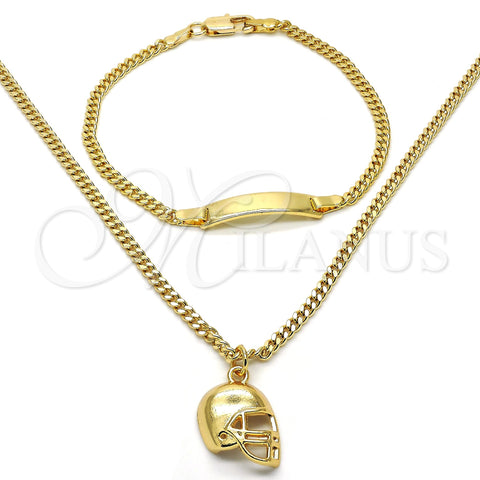 Oro Laminado Earring and Pendant Children Set, Gold Filled Style Miami Cuban Design, Polished, Golden Finish, 06.63.0189