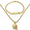 Oro Laminado Earring and Pendant Children Set, Gold Filled Style Miami Cuban Design, Polished, Golden Finish, 06.63.0189
