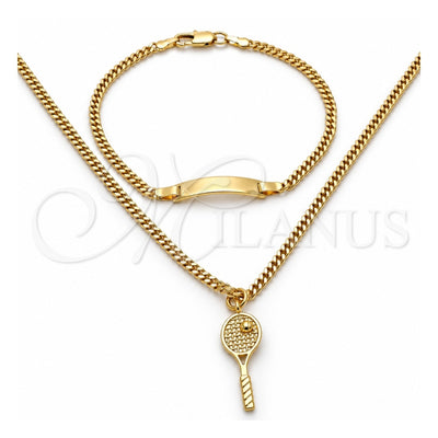 Oro Laminado Earring and Pendant Children Set, Gold Filled Style Miami Cuban Design, Polished, Golden Finish, 06.63.0190