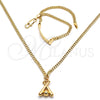 Oro Laminado Earring and Pendant Children Set, Gold Filled Style Ball and Miami Cuban Design, Polished, Golden Finish, 06.63.0193