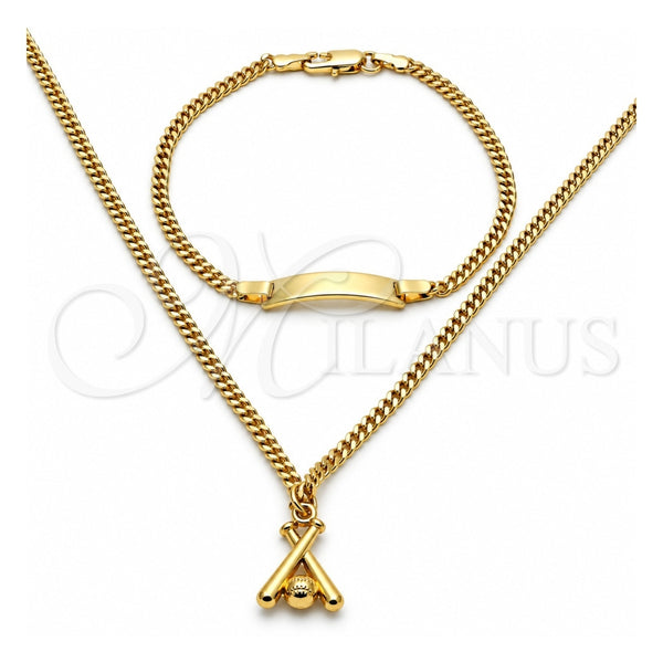 Oro Laminado Earring and Pendant Children Set, Gold Filled Style Ball and Miami Cuban Design, Polished, Golden Finish, 06.63.0193