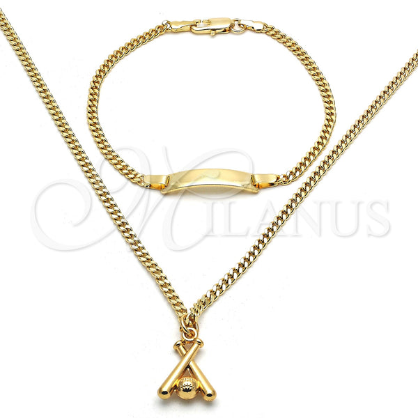 Oro Laminado Earring and Pendant Children Set, Gold Filled Style Ball and Miami Cuban Design, Polished, Golden Finish, 06.63.0193