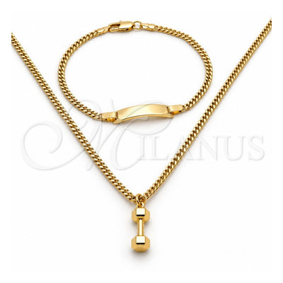 Oro Laminado Earring and Pendant Children Set, Gold Filled Style Miami Cuban Design, Polished, Golden Finish, 06.63.0194