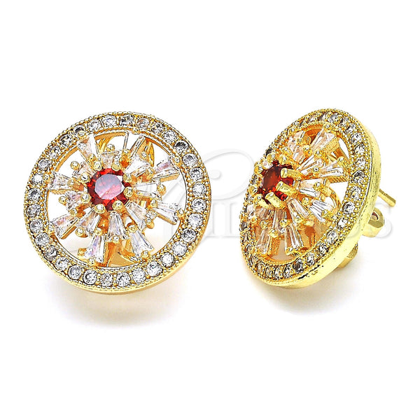Gold Filled Ring — Stud Earring Flower and Baguette Design with Garnet — main product view — SKU 118578 | Oro Laminado anillo — Stud Earring flor and Baguette diseño with Garnet — SKU 118578