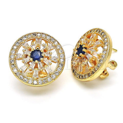 Oro Laminado Stud Earring, Gold Filled Style Flower Design, with Sapphire Blue and White Cubic Zirconia, Polished, Golden Finish, 02.217.0080.4