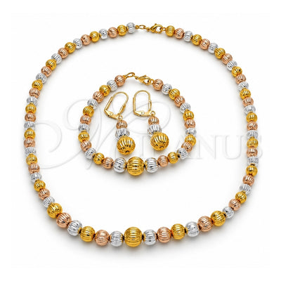Oro Laminado Necklace, Bracelet and Earring, Gold Filled Style Diamond Cutting Finish, Tricolor, 06.170.0006