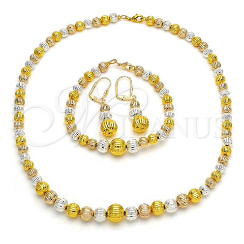 Oro Laminado Necklace, Bracelet and Earring, Gold Filled Style Diamond Cutting Finish, Tricolor, 06.170.0006