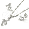 Rhodium Gold Filled Earring and Pendant Adult Set, Flower and Leaf Design, with White Micro Pave, Polished, Rhodium Finish, 10.156.0124