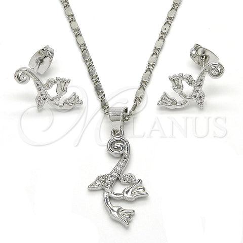 Rhodium Gold Filled Earring and Pendant Adult Set, Flower and Leaf Design, with White Micro Pave, Polished, Rhodium Finish, 10.156.0124