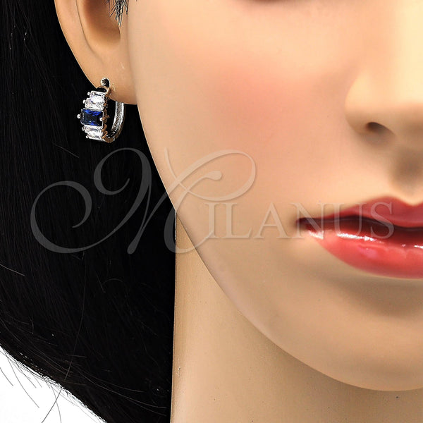 White Gold Filled Hoop Earrings — Huggie Hoop with Sapphire Blue and White Cubic — alternate product view — SKU 118754 | Oro Laminado Blanco aretes de aro — Huggie Hoop with Sapphire Blue and blanco Cubic — SKU 118754