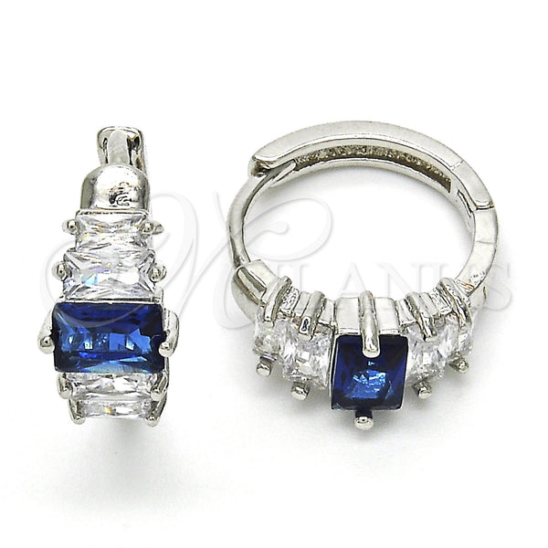 White Gold Filled Hoop Earrings — Huggie Hoop with Sapphire Blue and White Cubic — main product view — SKU 118754 | Oro Laminado Blanco aretes de aro — Huggie Hoop with Sapphire Blue and blanco Cubic — SKU 118754