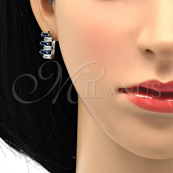 White Gold Filled Hoop Earrings — Huggie Hoop Baguette Design with Sapphire Blue and — alternate product view — SKU 118755 | Oro Laminado Blanco aretes de aro — Huggie Hoop Baguette diseño with Sapphire Blue and — SKU 118755
