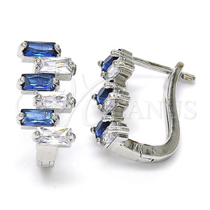 White Gold Filled Hoop Earrings — Huggie Hoop Baguette Design with Sapphire Blue and — main product view — SKU 118755 | Oro Laminado Blanco aretes de aro — Huggie Hoop Baguette diseño with Sapphire Blue and — SKU 118755